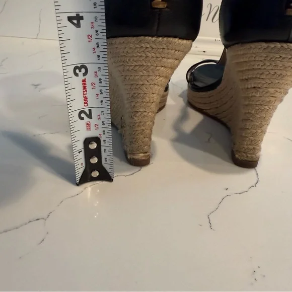 Michael Kors Leather T-Strap Zip Up Wedge Espadrille Black Sandals Women’s 7 GUC - Picture 7 of 11